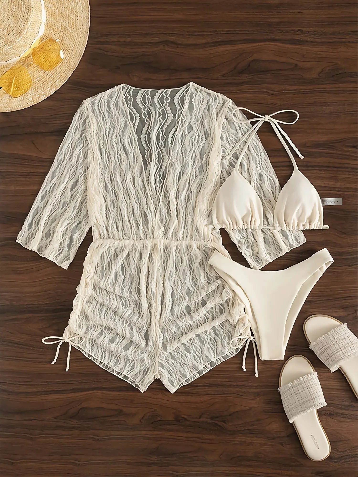 Three-Piece Mesh Long Sleeve Cover-Up Swimsuit Set - Waist-Cinching, Lace, Sun Protection, Solid Color, Beach, Hot Springs, Pool, and Water Park Essential - Perfect for Summer Vacation and Outdoor Activities MyFave Boutique