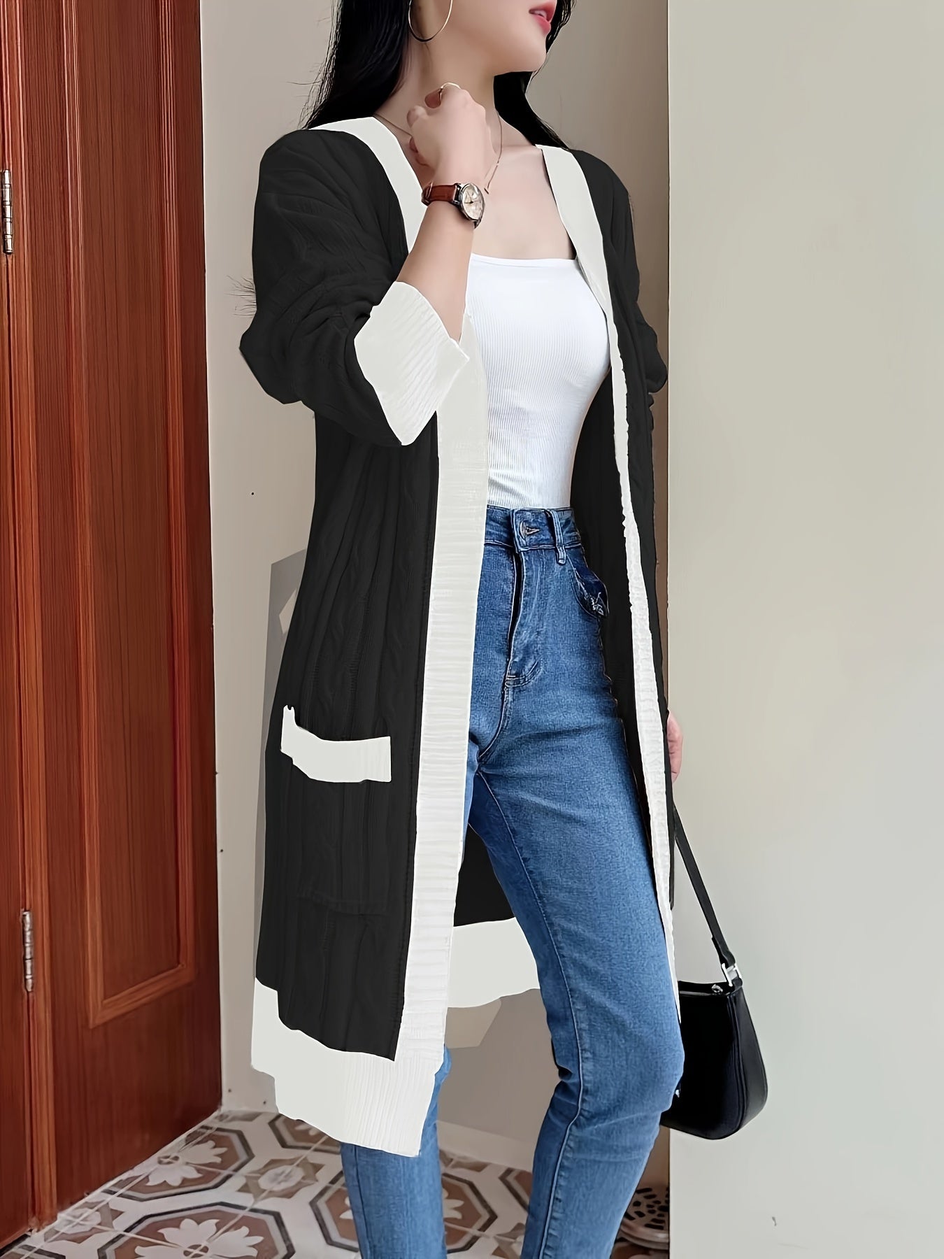 Contrast Trim Open Front Cardigan, Versatile Long Sleeve Pockets Cardigan For Winter & Fall, Women's Clothing MyFave Boutique