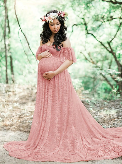 Elegant Maternity Lace Dress for Photography & Parties - Off-Shoulder, Flared, Long Length MyFave Boutique