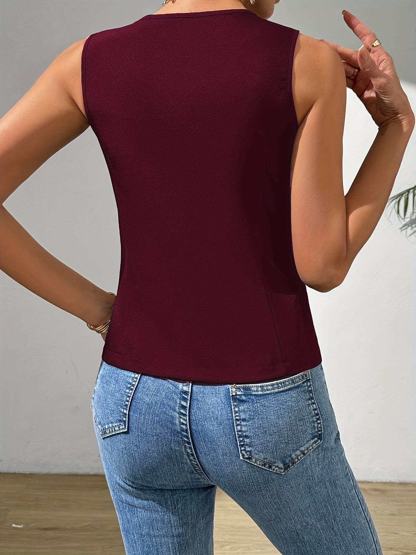 Button Front V Neck Vest, Elegant Solid Color Sleeveless Slim Fit Vest For Spring & Summer, Women's Clothing MyFave Boutique