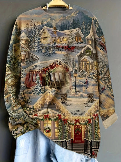 Elegant Crew Neck Christmas Sweater - Winter Scene Print Long Sleeve Pullover - Polyester Acrylic Nylon Blend Knitted Fabric - Cozy Fall/Winter Festive Top MyFave Boutique