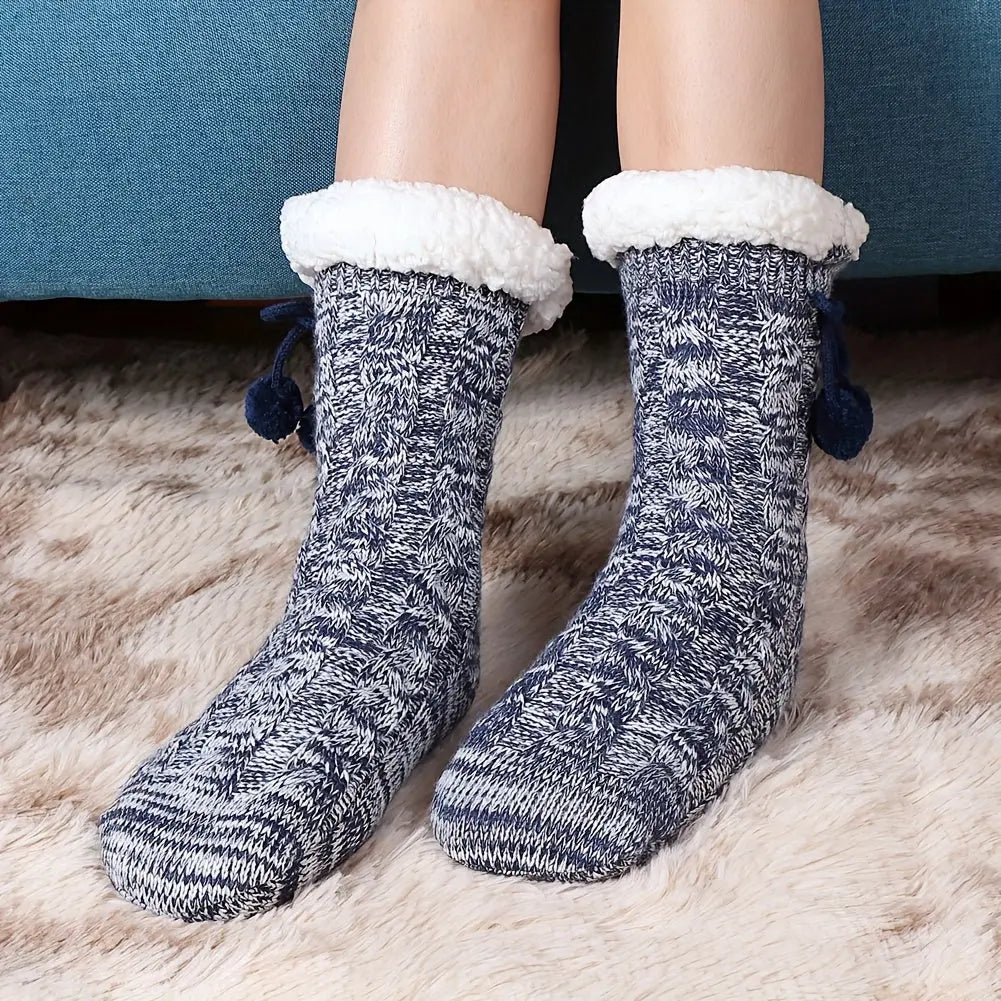 Women's Winter Thick Warm Knitted Socks with Non-Slip Rubber Dots, Plush Acrylic Floor Socks with Pom-Poms, Hand Washable - 1 Pair MyFave Boutique