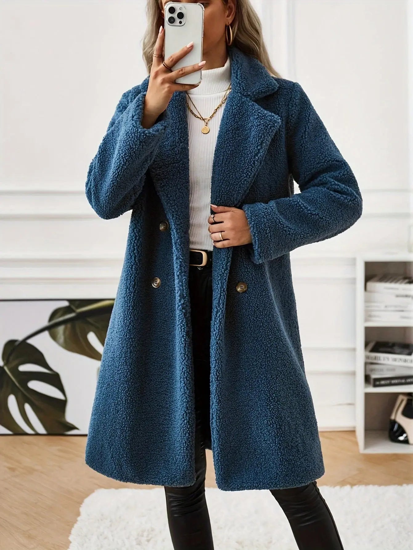 Plush Double Breasted Lapel Fuzzy Coat, Elegant Long Sleeve Warm Outerwear For Fall & Winter, Women's Clothing MyFave Boutique