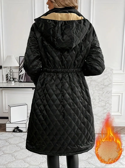 Elegant Women's Hooded Trench Coat with Quilted Detail - Long Sleeve, Mid-Length, Polyester, Machine Washable MyFave Boutique