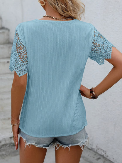 Summer Tops for Women 2024 Fashion Elegant Embroidery Contrast Cute V Neck Lace Short Sleeves Blouse Dressy Casual MyFave Boutique