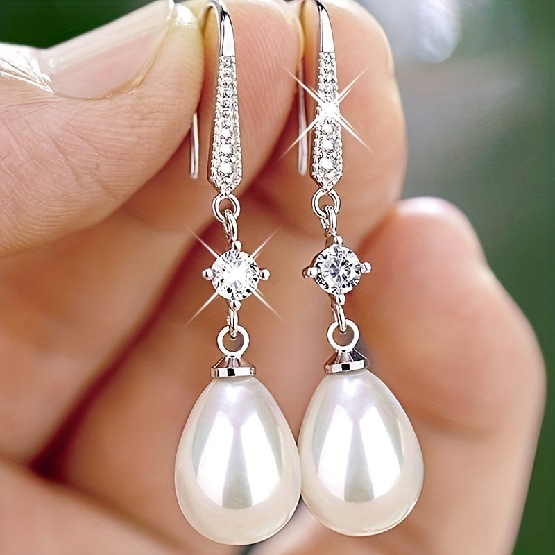 1 Pair of Exquisite Inlaid Shiny Zircon Imitation Pearl Pendant Earrings - Elegant Jewelry for Women, Brides, and Anniversaries - Perfect Engagement Gift, Wedding Accessory, and Romantic Token MyFave Boutique