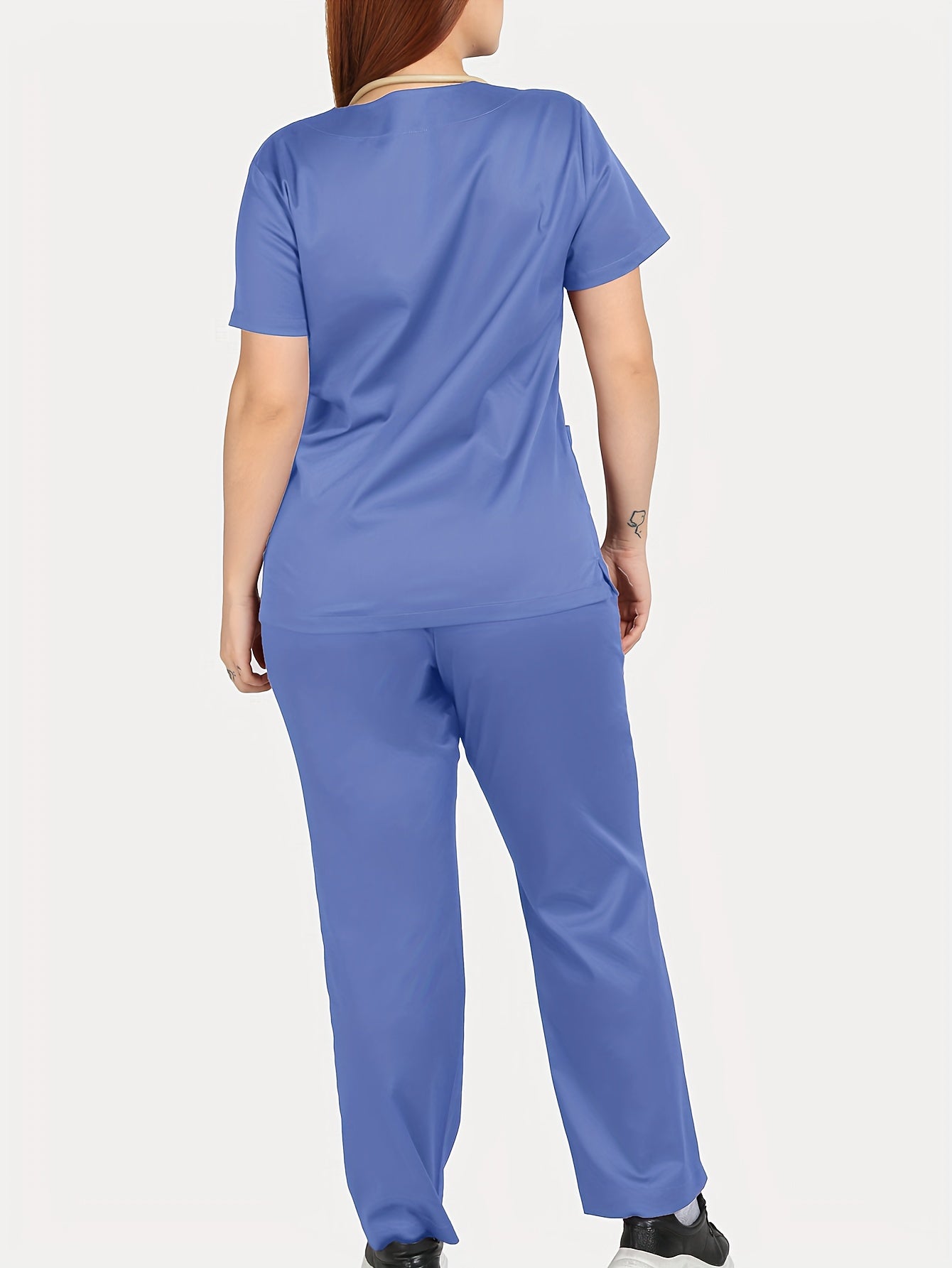 Functional Two-piece Set, V Neck Short Sleeve Pockets Uniforms Top & Straight Leg Pants, Women's Clothings MyFave Boutique