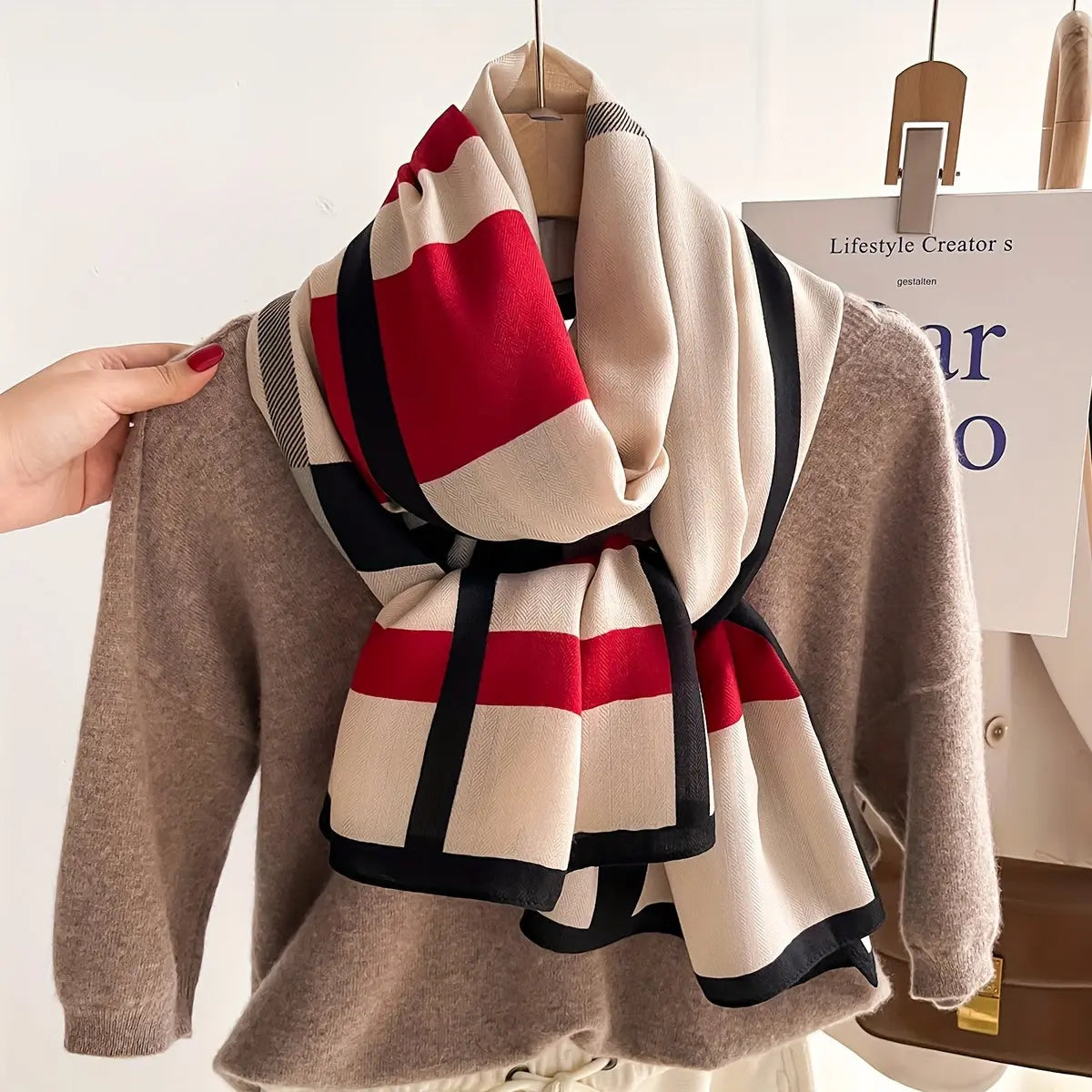 Color Block Striped Scarf Imitation Wool Shawl Soft Warm Windproof Wrap For Women MyFave Boutique