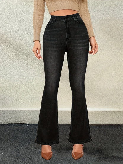 Plush Lined Plain Black Color Flare Leg Elegant Style Zipper Button Closure Denim Pants For Winter, Women's Denim Jeans & Clothing MyFave Boutique