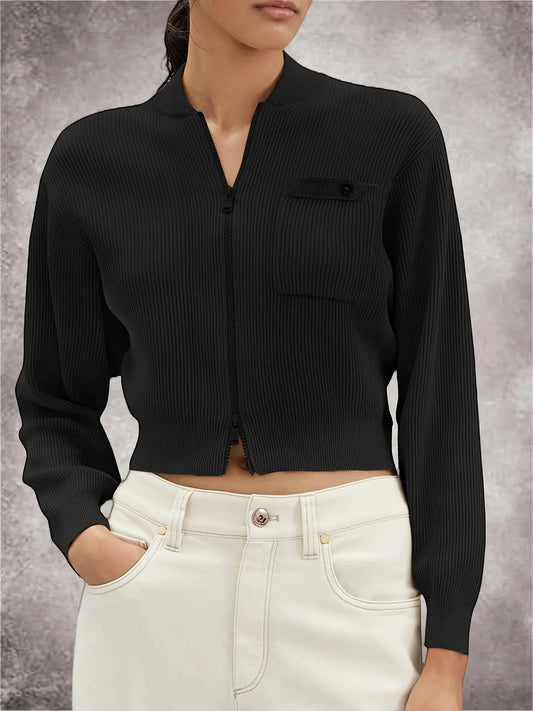 Women's Ribbed Knit V-Neck Zip-Up Cardigan Cropped Sweater - Y2K Trendy Long Sleeve Crop Top MyFave Boutique