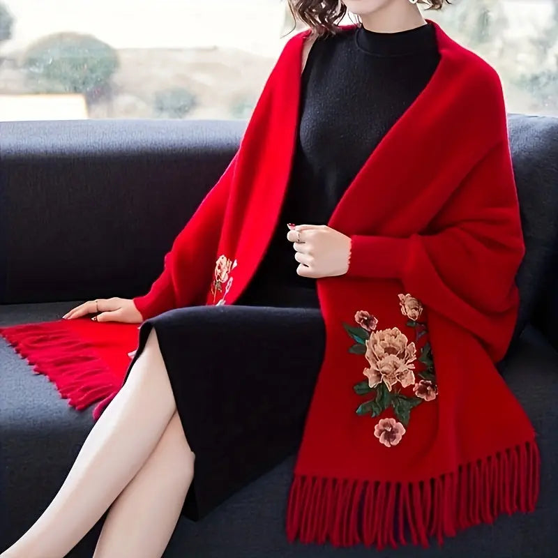 Faux Fur Embroidered Shawl Cheongsam Outer TasselCloak Scarf Elegant Female Thick Shawl Autumn Winter Scarf With Send A Brooch MyFave Boutique