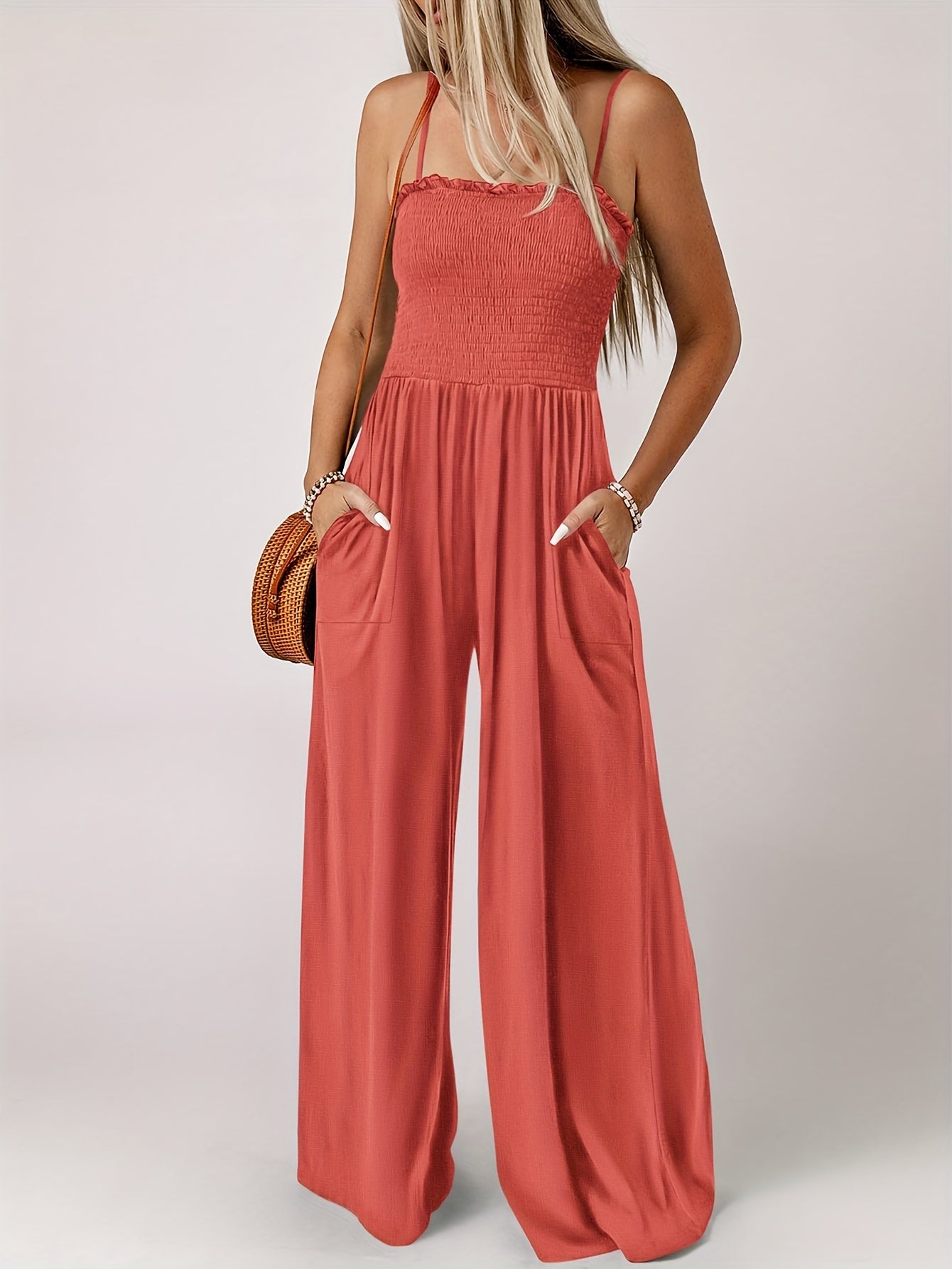 Solid Color Wide Leg Jumpsuit, Casual Spaghetti Strap Sleeveless Slant Pockets Jumpsuit For Spring & Summer, Women's Clothing MyFave Boutique