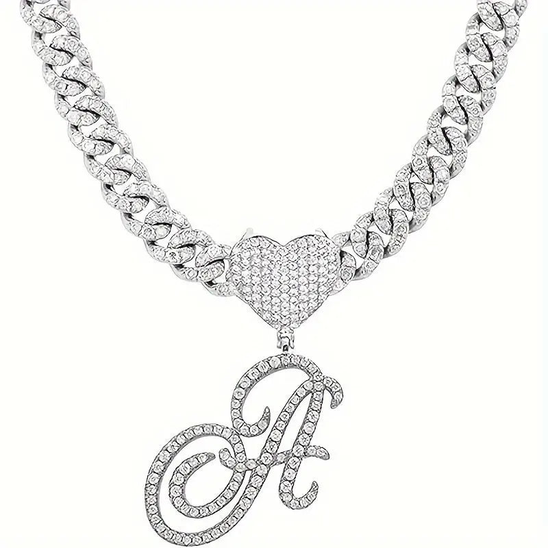 Silvery Cuban Chain Initial Necklace for Men and Women with Ice Rhinestone and Heart Shaped Letter Pendant - Hip Hop Jewelry Gift MyFave Boutique