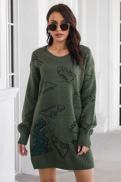 Dinosaur Pattern V-Neck Sweater Dress Trendsi