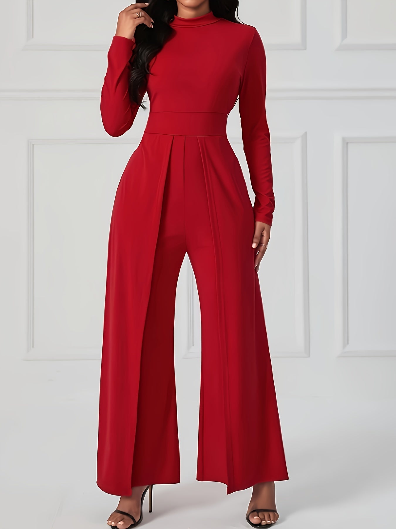 Solid Color Crew Neck Jumpsuit, Elegant Waist Slim Long Sleeve Jumpsuit For Spring & Summer, Women's Clothing MyFave Boutique