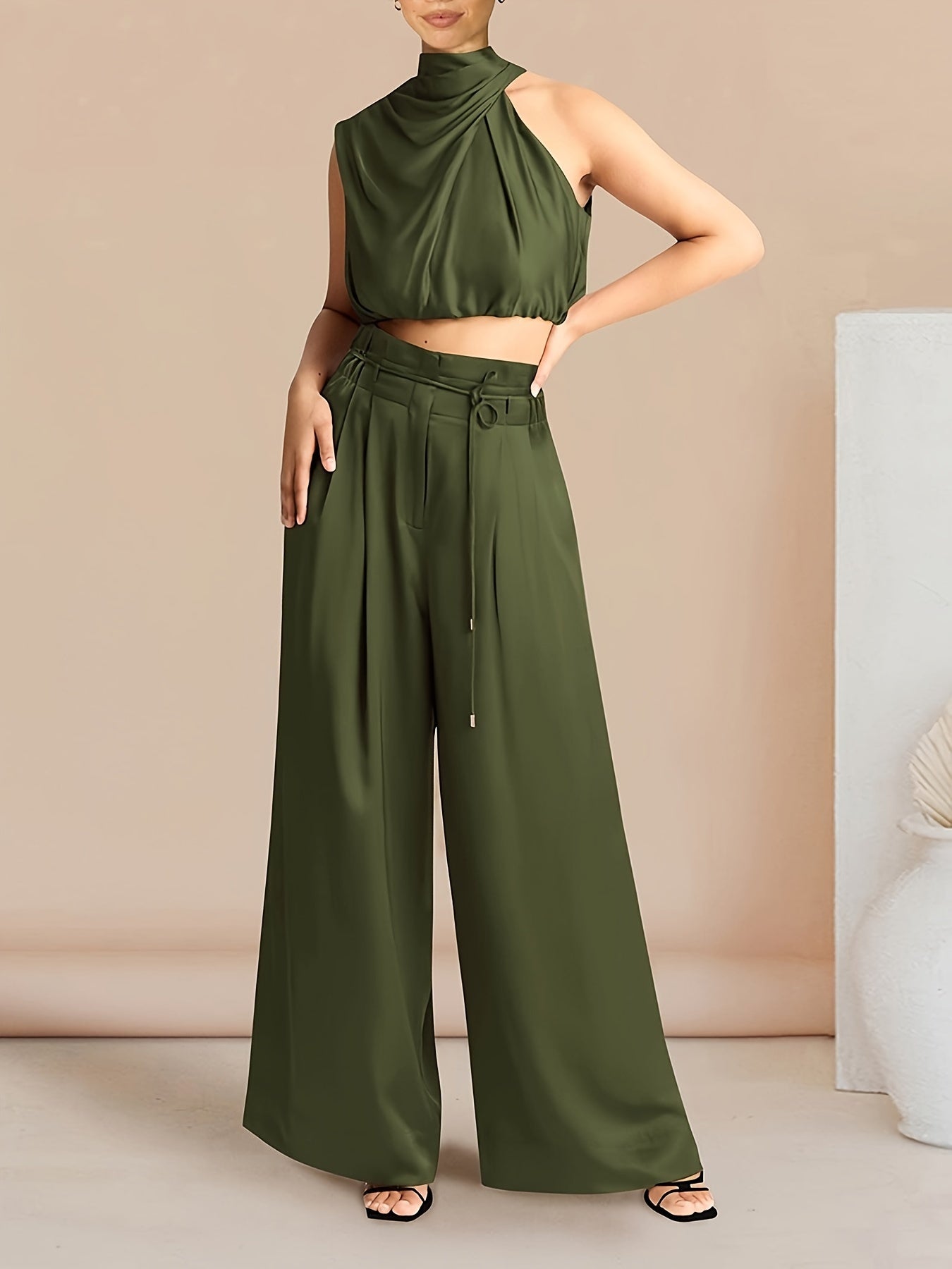 Womens 2024 Summer Sleeveless Mock Neck Crop Tops Wide Leg Pants Set MyFave Boutique