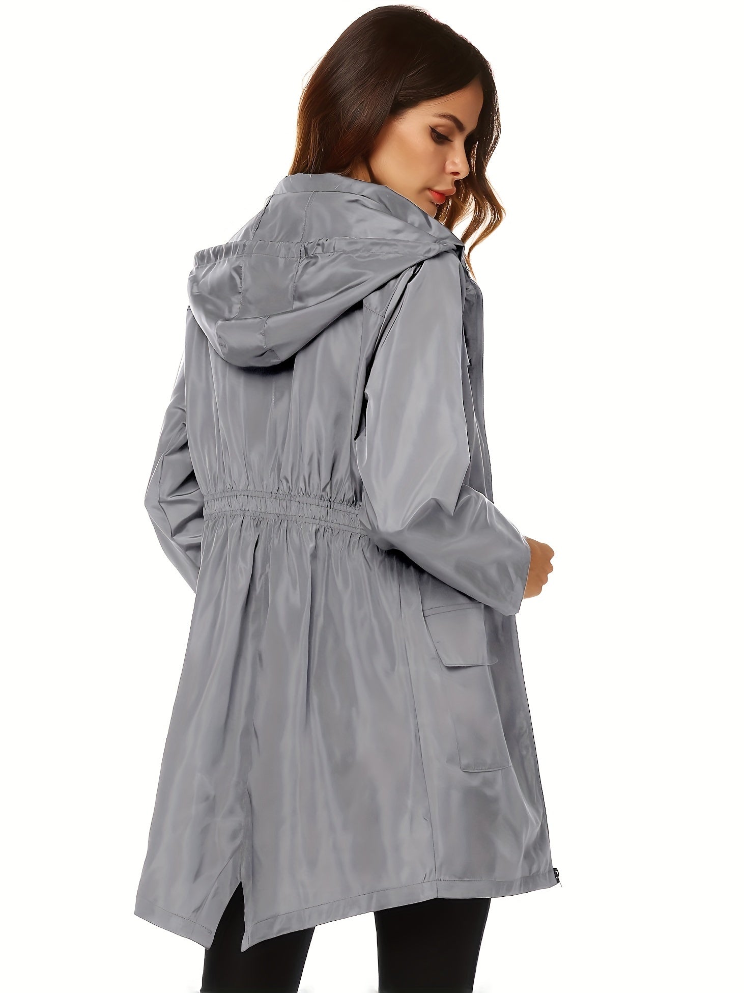 Solid Drawstring Zipper Front Raincoat, Casual Flap Pockets Split Elastic Waist Long Sleeve Hooded Lightweight Raincoat For Spring & Fall, Women's Clothing MyFave Boutique