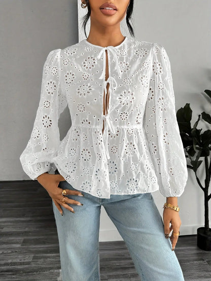 Eyelet Embroidered Tie Front Blouse, Elegant Lantern Sleeve Solid Color Blouse For Spring & Fall, Women's Clothing MyFave Boutique