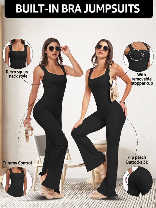 UNIQUEBELLA Workout Flare Jumpsuit for Women Built-in Bra Sleeveless Romper Square Neck Tank Top Unitard Gym Yoga Jumpsuit MyFave Boutique