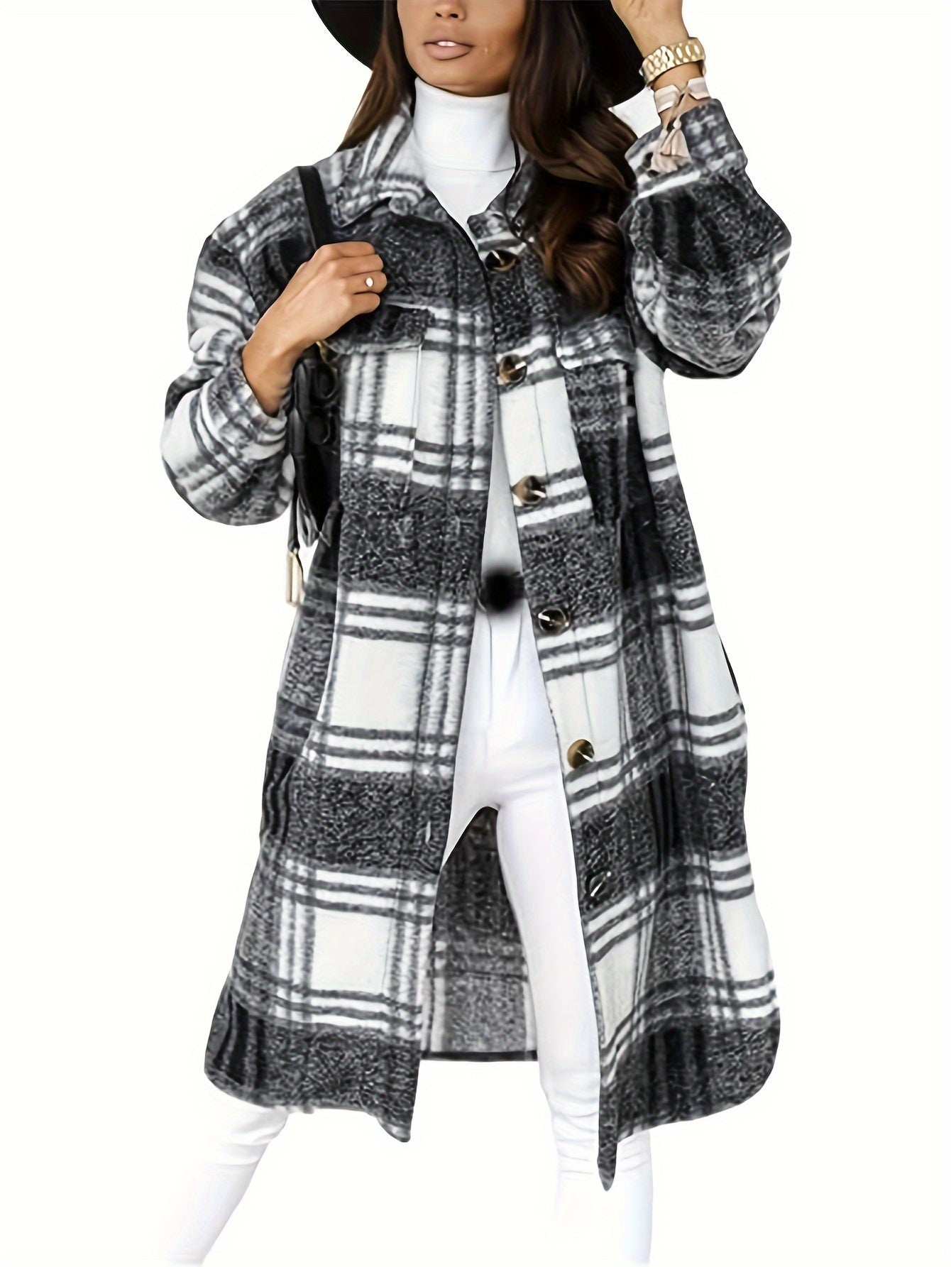 Plaid Print Button Front Long Shirt Jacket, Casual Turndown Collar Long Length Outwear For Spring & Fall, Women's Clothing MyFave Boutique