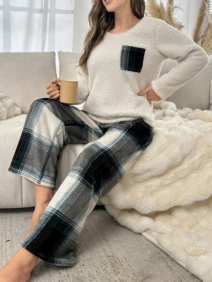 Women's Plaid Print Plush Thick Casual Lounge Set, Long Sleeve Round Neck Top & Pants, Comfortable Relaxed Fit For Fall & Winter MyFave Boutique