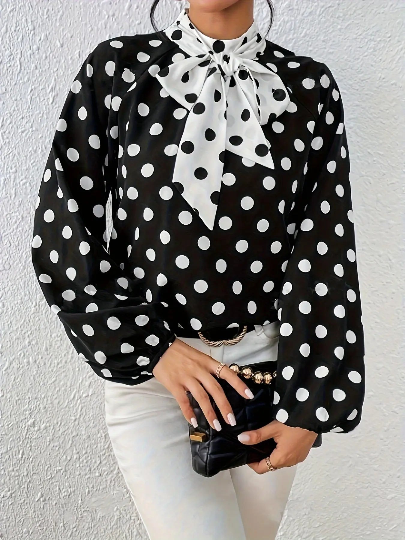 Polka Dot Print Tie Neck Blouse, Elegant Lantern Sleeve Top For Spring & Fall, Women's Clothing MyFave Boutique