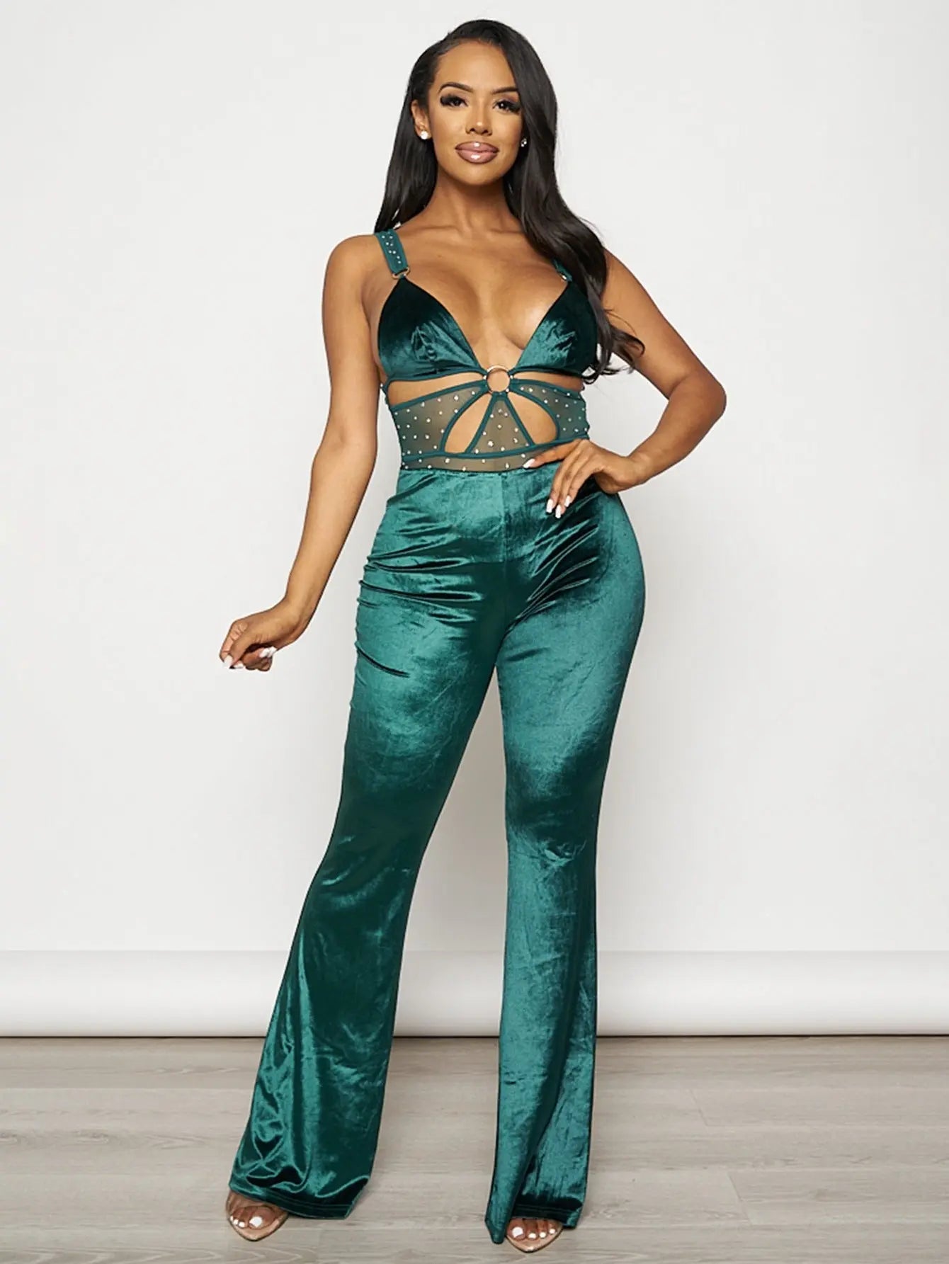 Glam Velvet Rhinestone Flare Jumpsuit - Luxe Night Out Outfit for Women MyFave Boutique