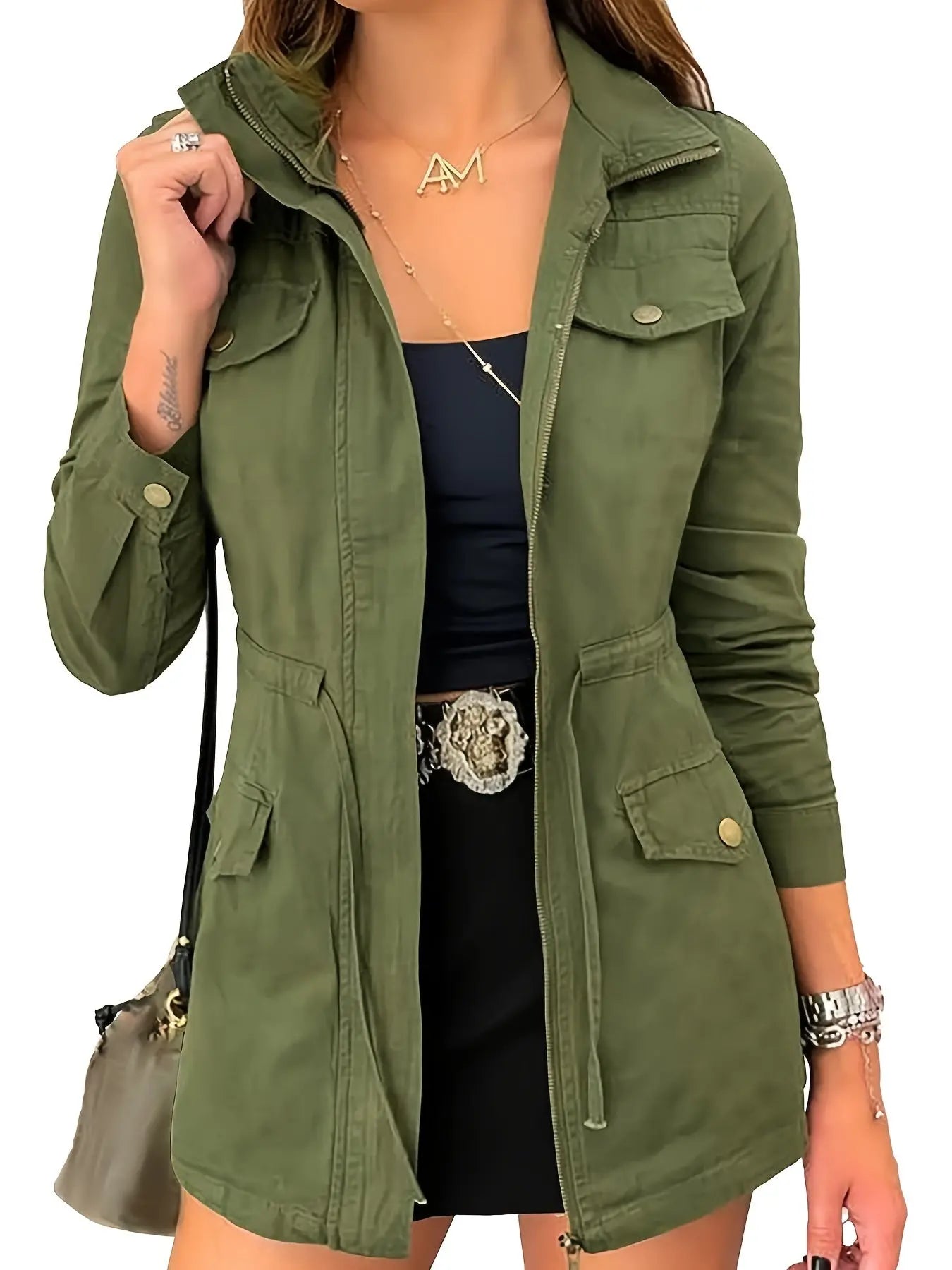 Women's Lightweight Military Jacket with Zip-Up, Drawstring, and Pockets MyFave Boutique