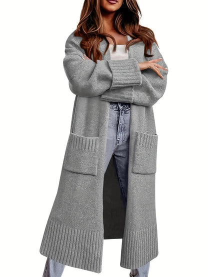 Women's Open Front Dual Pocket Duster Cardigan - Casual Solid Color, Long Sleeve, Drop Shoulder, Longline, Fall & Winter Apparel MyFave Boutique