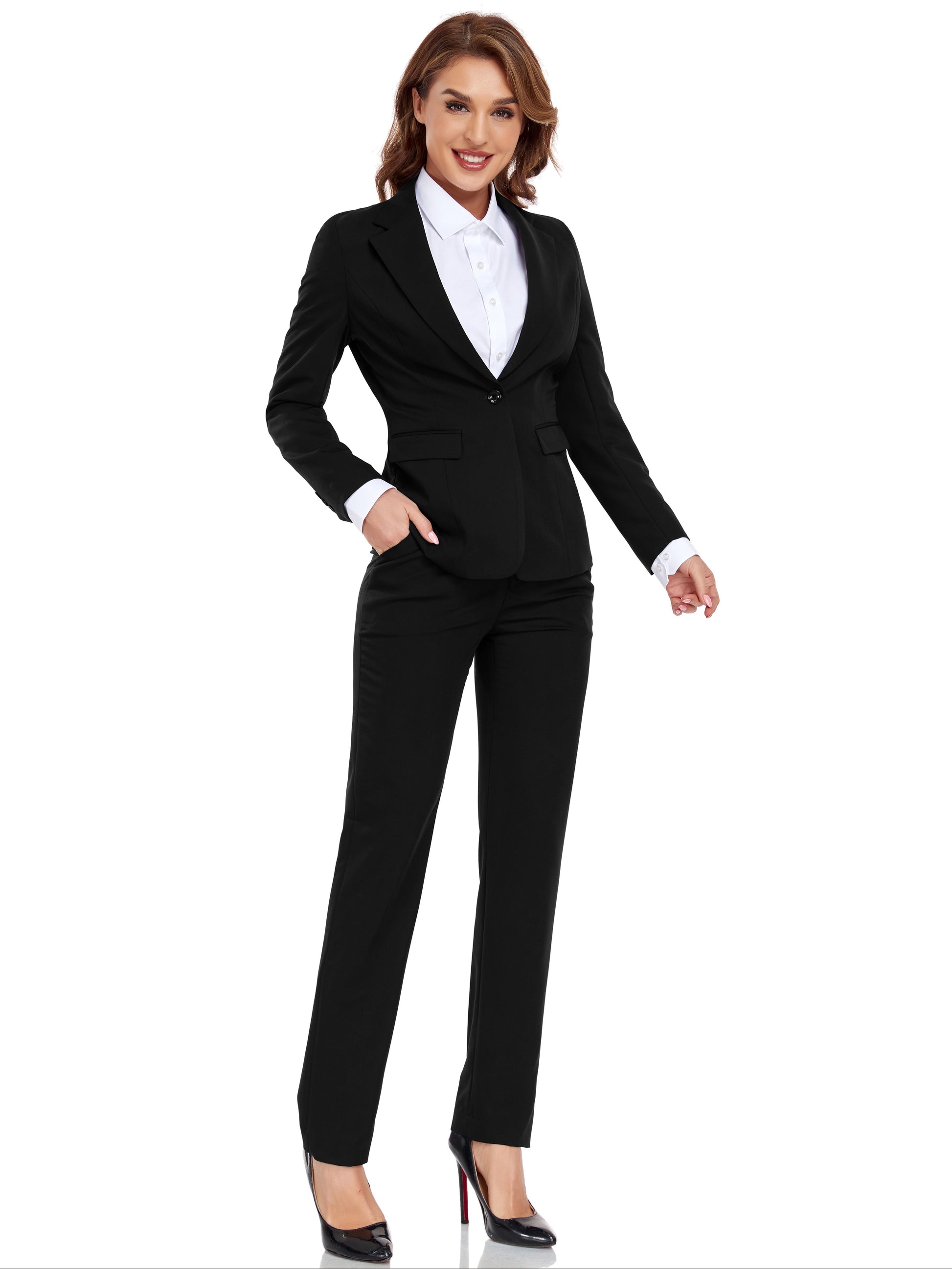 Casual Solid Slim Fit Office Two-piece Blazer Set, Long Sleeve Button Front Blazer & Skinny High Waist Pants Outfits, Women's Clothing MyFave Boutique