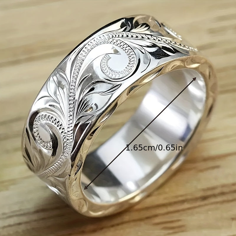 1pc Exquisite 925 Sterling Silver Wide Boho Ring, Carved Leaf Flower Design, Vintage-Inspired Jewelry for Women, Statement Piece, Adjustable Band MyFave Boutique