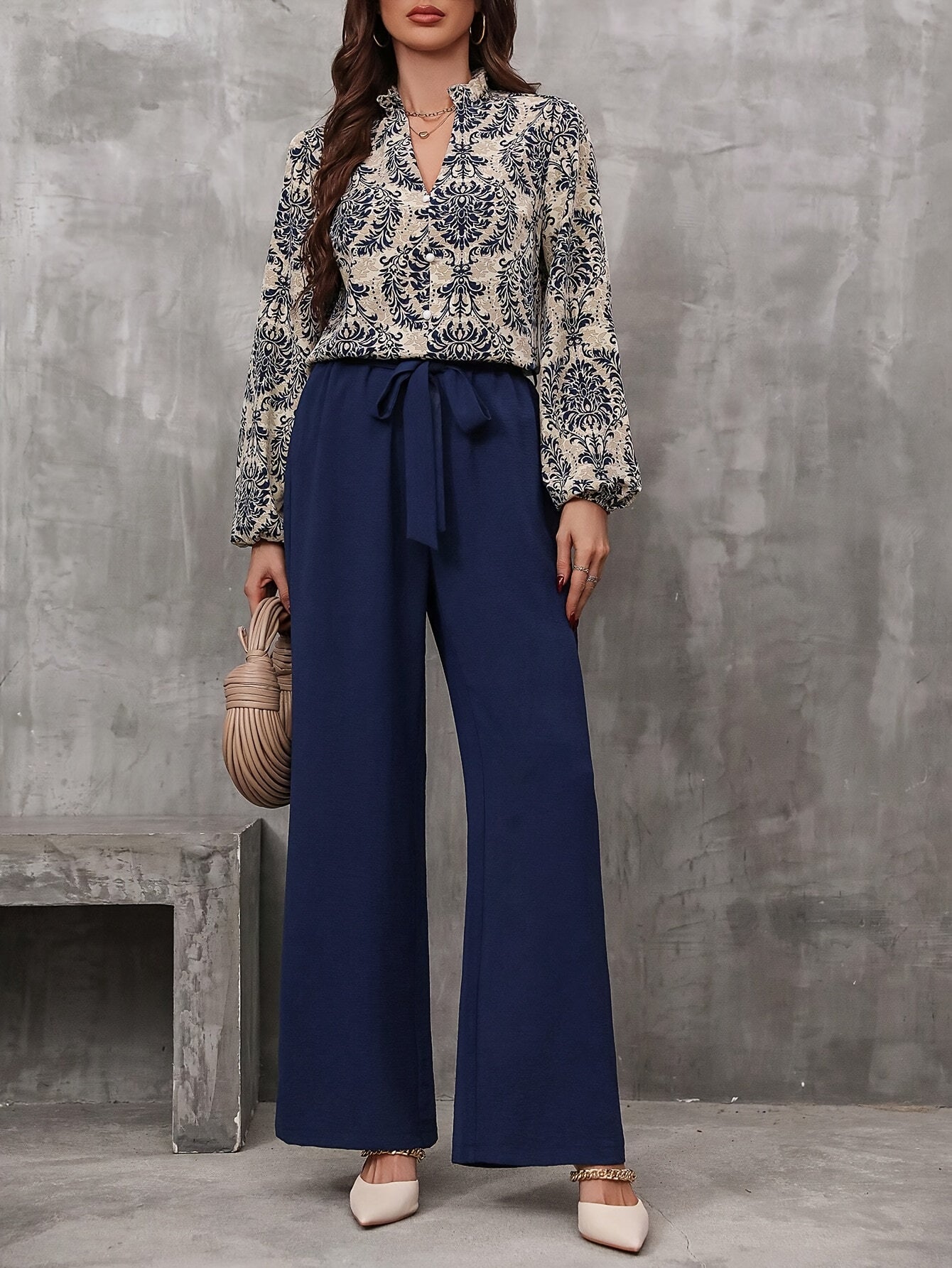 Elegant Paisley Print Lantern Sleeve Blouse and Tie-Waist Wide Leg Pants Set - Polyester Blend (96% Polyester, 4% Elastane), V-Neck, Woven, Perfect for Spring/Fall MyFave Boutique