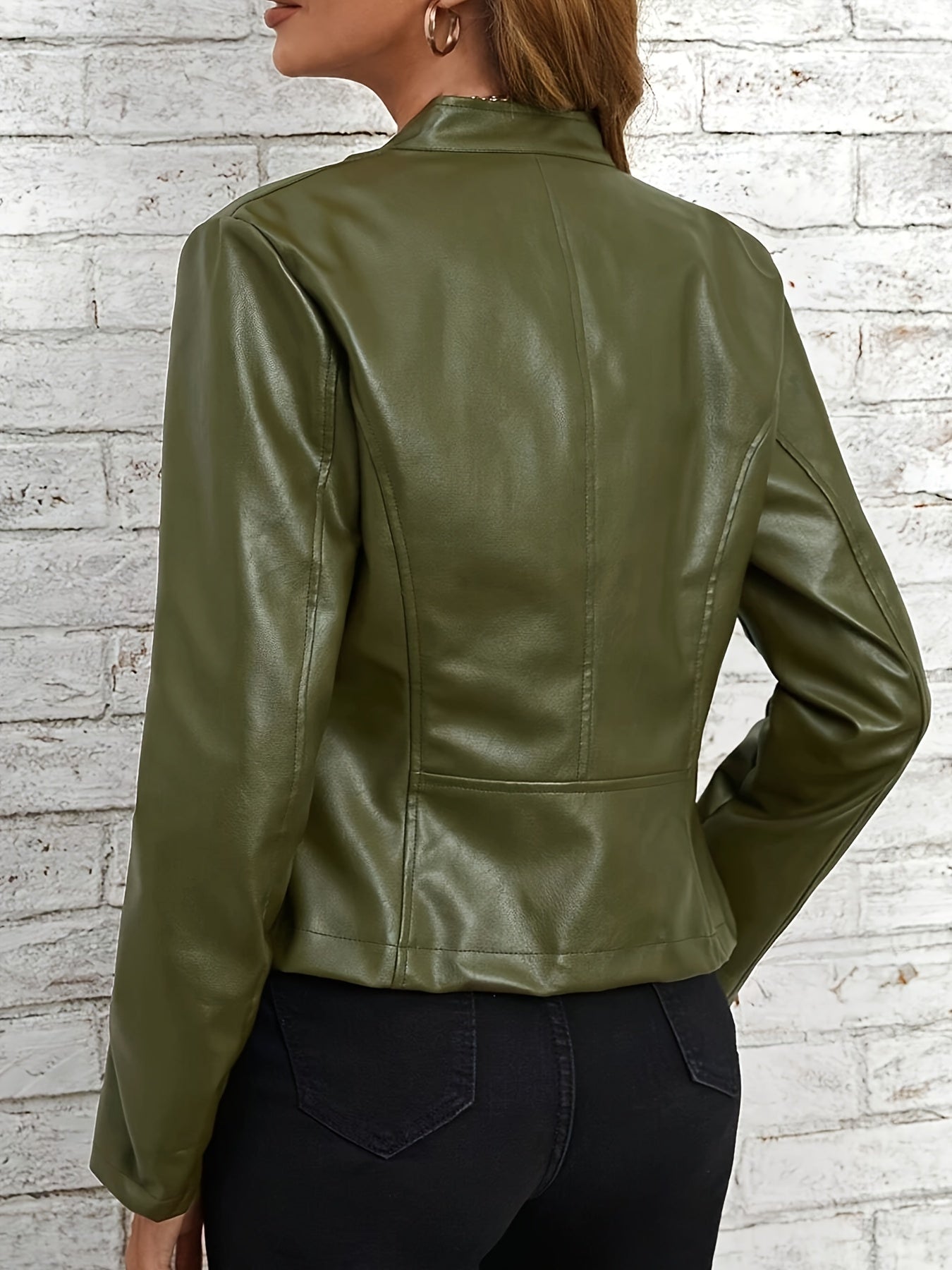 Faux Leather Zip-up Jacket, Stylish Long Sleeve Pockets Biker Jacket For Spring & Fall, Women's Clothing MyFave Boutique