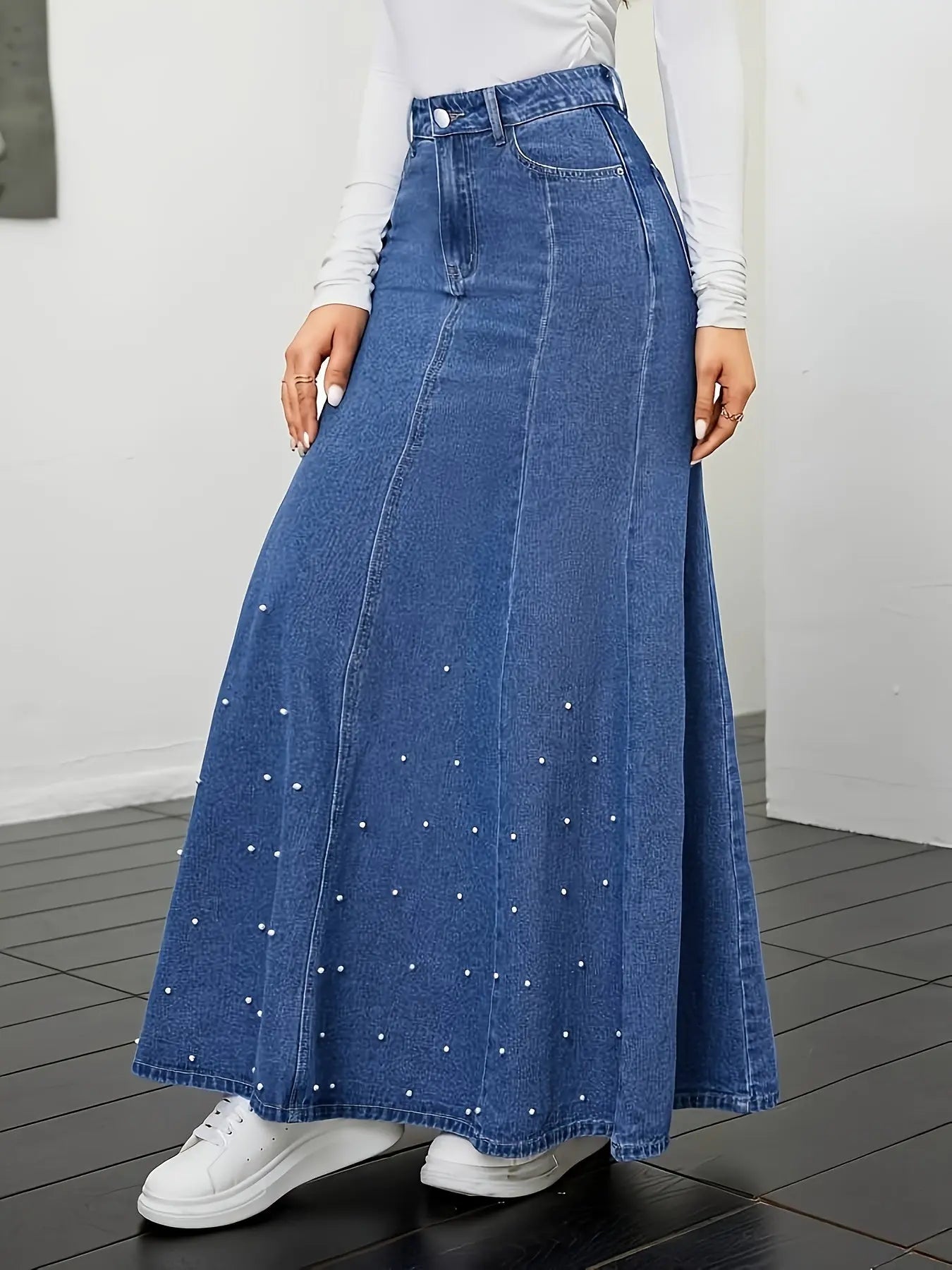 Elegant Denim Maxi Skirt with Faux Pearl Embellishments, A-Line Fit, Full Length, High Waist, Perfect for Casual or Dressy Occasions MyFave Boutique