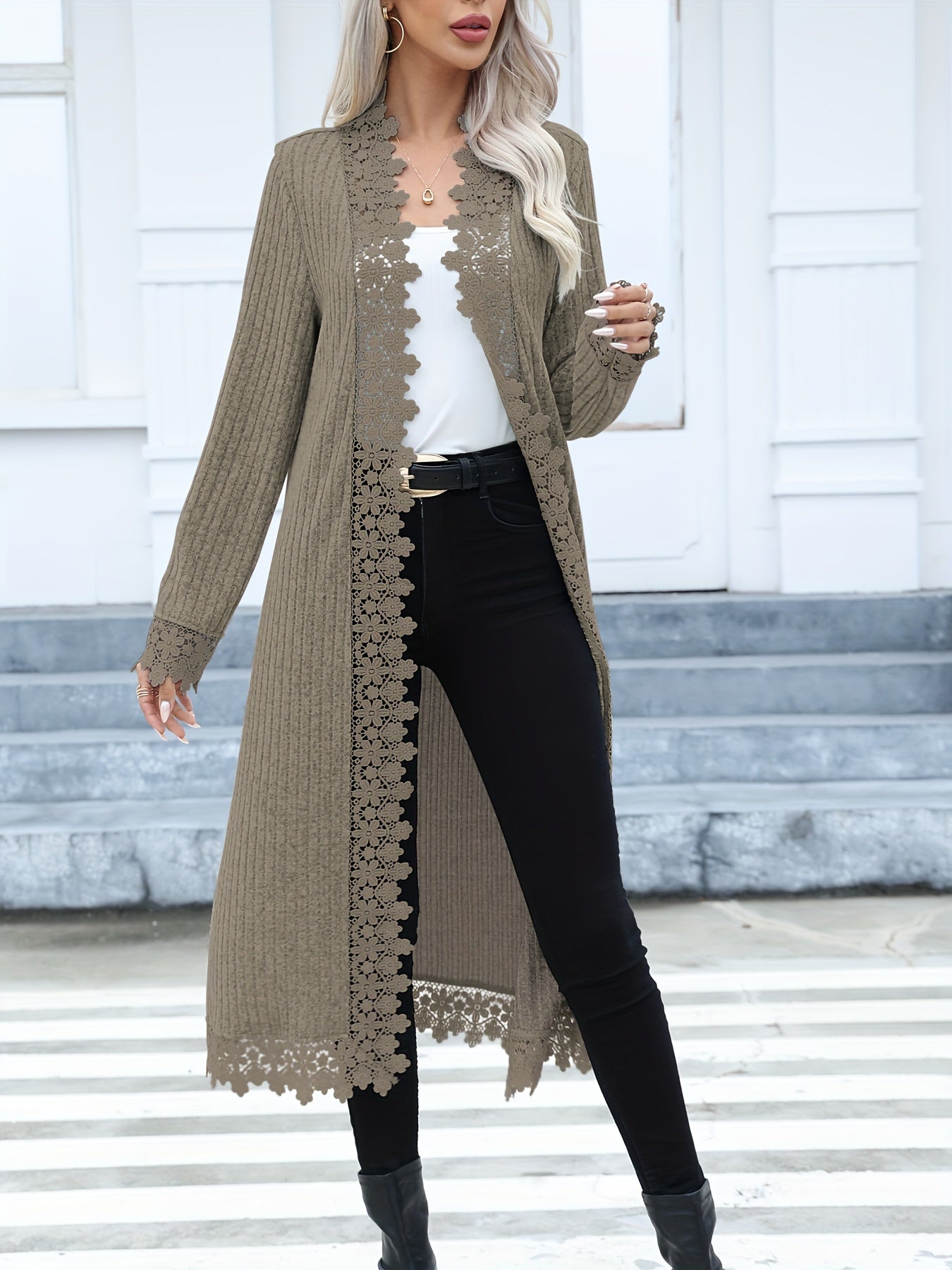 Women's Ribbed Knit Cardigan with Lace Trim - Cozy and Casual Long Sleeve Sweater MyFave Boutique