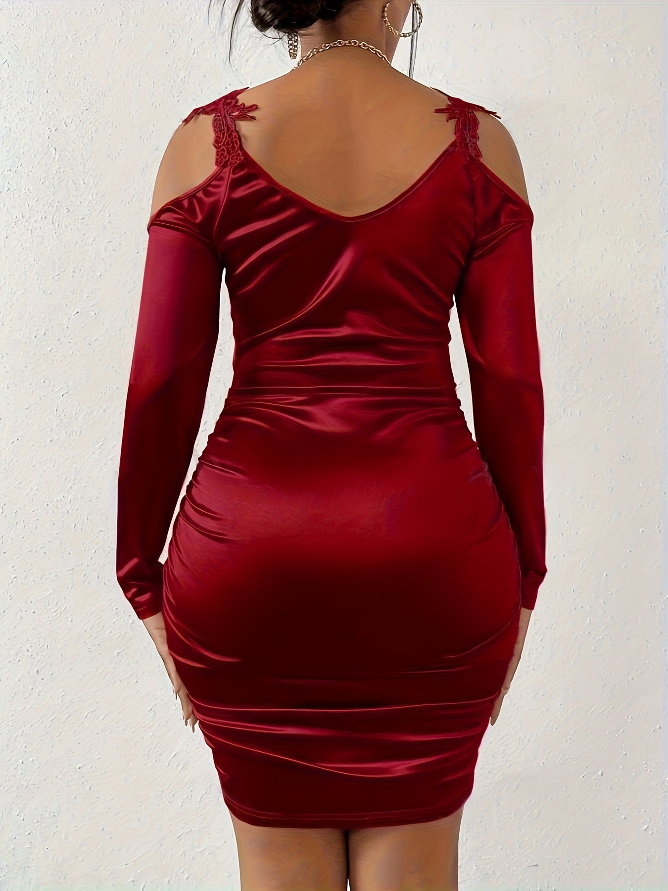 Satin Contrast Lace Bodycon Dress, Elegant Cold Shoulder Ruched Dress, Women's Clothing For Elegant Dressing MyFave Boutique