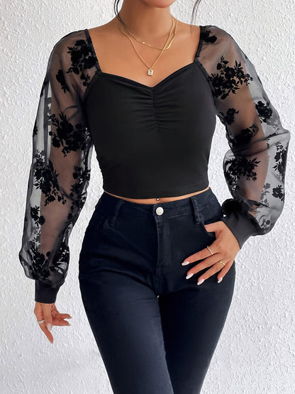 Stylish Lace Accent Sweetheart Neck Long Sleeve T-Shirt - Women's Clothing - Elegant Slim Fit for Spring & Fall Seasons - Soft Fabric, Comfortable Wear MyFave Boutique