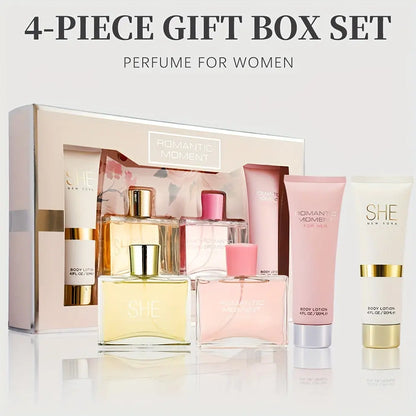 4-Piece Set, Women's Eau De Parfuma Spray&Body Lotion Gift Box, Long Lasting Fragrance, 2 Different Flavor, Perfect For Holiday Gifts, Dating, Daily Life, Parties, 3.4 Fl Oz Perfume, 4.1 Fl Oz Body Lotion MyFave Boutique