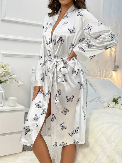 Printed Butterfly Pattern Nightgown, Deep V Long Sleeve Sleep Robe With Belt, Women's Sexy Lingerie & Underwear MyFave Boutique