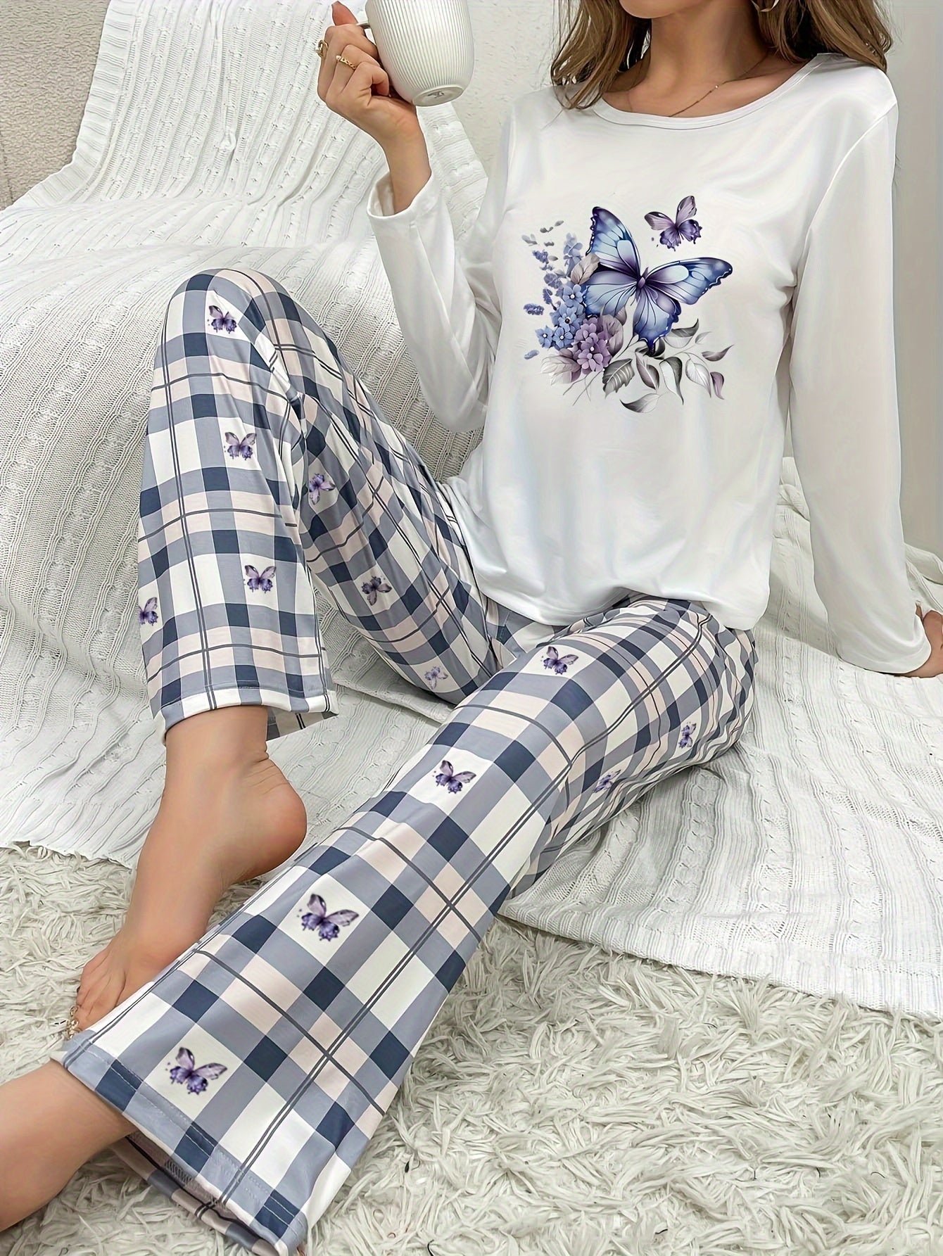 Women's Fall/Winter Casual Pajama Set with Butterfly Print - Crew Neck Long Sleeve Top and Plaid Long Pants - Comfortable Loose Fit, Polyester Knit Fabric with Elastane, Adult Sleepwear MyFave Boutique