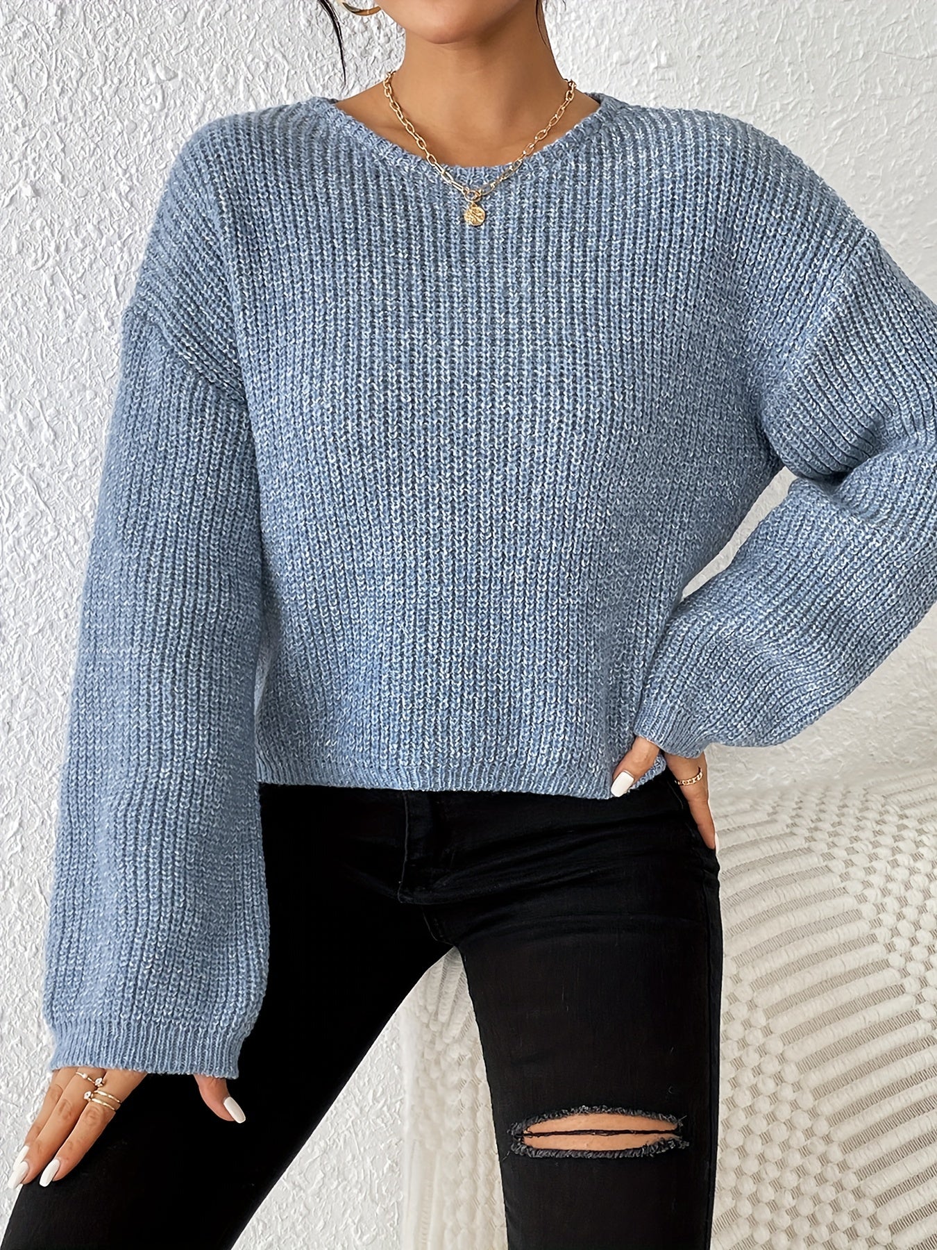 Solid Crew Neck Pullover Sweater, Casual Long Sleeve Drop Shoulder Sweater, Women's Clothing MyFave Boutique