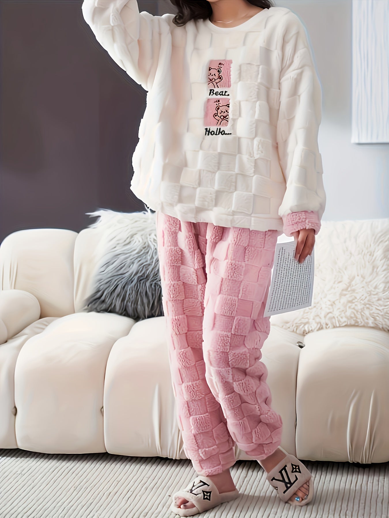 1pc Women's Casual Winter Coral Fleece Pajama Set - Cozy, Thick Flannel with Cute Cartoon Bear Pattern, Long Sleeve, Round Neck, Polyester & Elastane Material, Machine Washable, Knitted, for Home/Lounge Wear, Adult Ladies MyFave Boutique