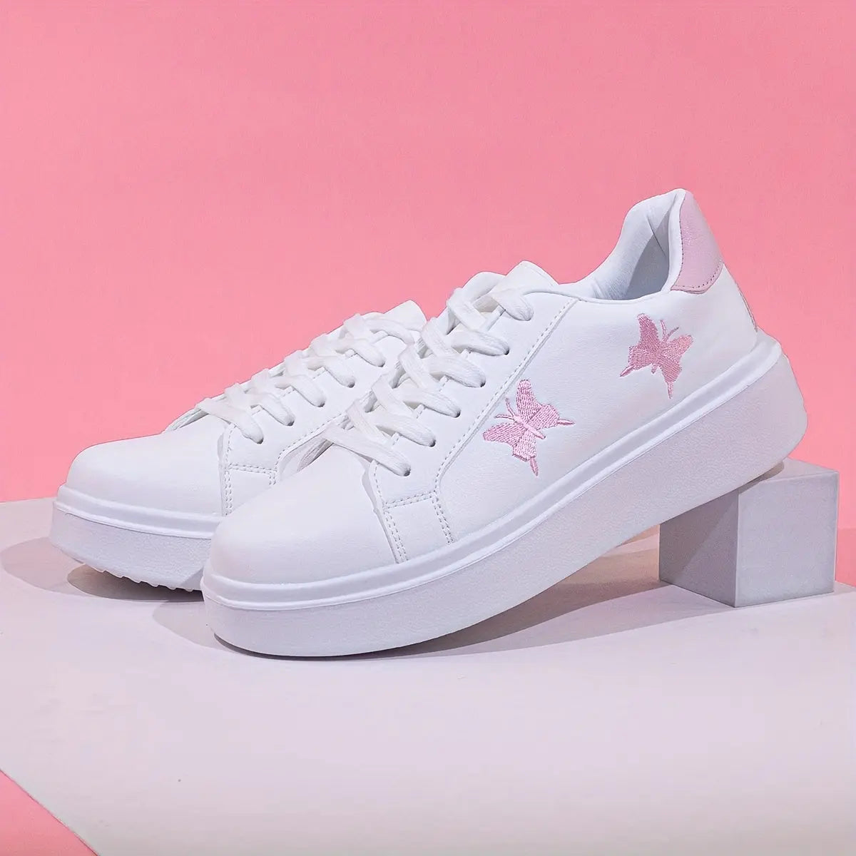 Women's Butterfly Embroidery Lace-Up Skate Sneakers with Thick Sole MyFave Boutique