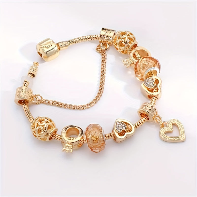 Golden Charm Bracelet, Heart Pendants Beaded Snake Chain Crystal Design Versatile Jewelry Gift For Women MyFave Boutique