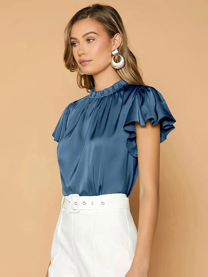 Elegant Butterfly Sleeve Plicated Detail Blouse with Keyhole Back, Women's Clothing MyFave Boutique