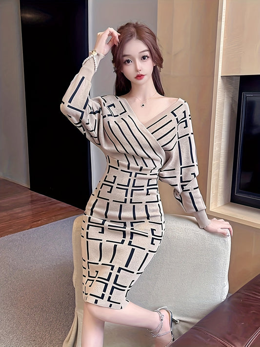 Greek Pattern Knit Pencil Dress, Elegant Long Batwing Sleeve Surplice Neck Slim Dress For Fall & Winter, Women's Clothing MyFave Boutique