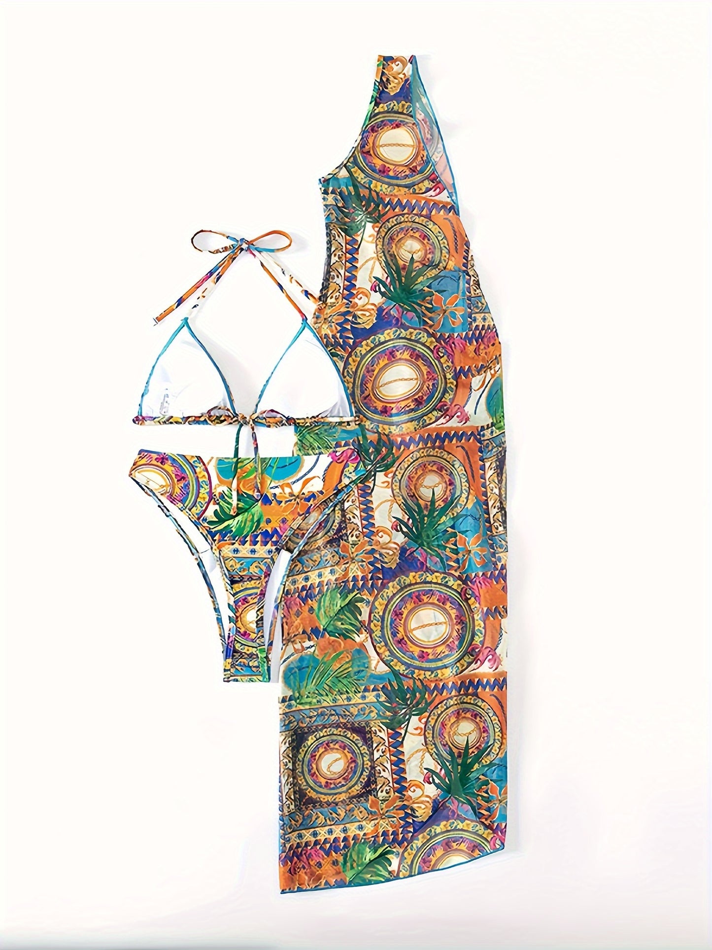 Vibrant Tropical Print Three-Piece Swimsuit - One-Shoulder, High Waist, Tie, Sun Protection, Quick-Drying, Comfortable, Flattering - Perfect for Beach, Hot Springs, Pool, and Water Activities MyFave Boutique