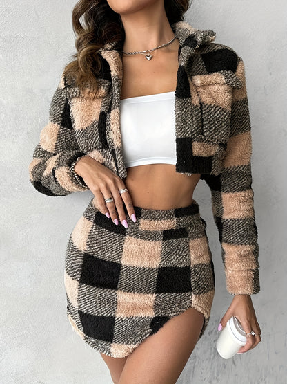 Plaid Pattern Stylish Skirt Set, Long Sleeve Single Breasted Crop Outwear & High Waist Split Hem Skirt Outfits, Women's Clothing MyFave Boutique