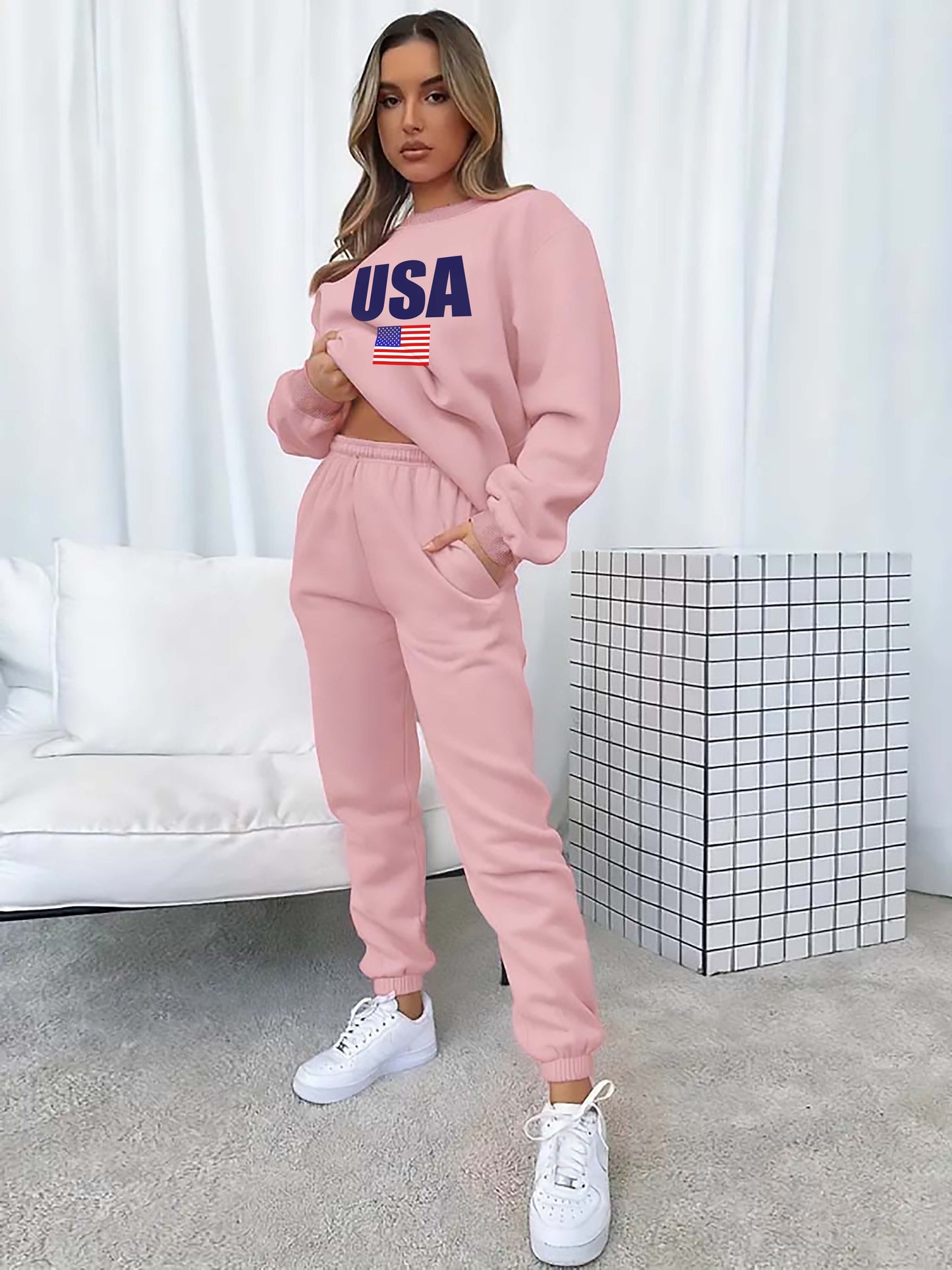 two-piece Women's Flag Print Fleece Set - Cozy Long Sleeve Sweatshirt and Jogger Sweatpants for Casual Comfort MyFave Boutique