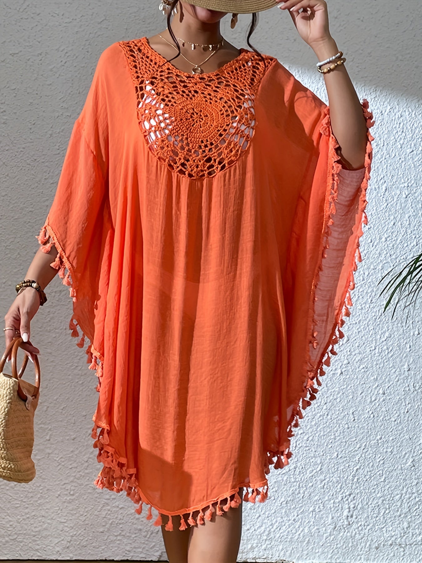 Women's Bohemian Orange Tassel Beach Cover-Up, Bamboo Texture Fabric With Hand-Crocheted Detail, Sexy Loose Fit Bikini Swimsuit Cover MyFave Boutique